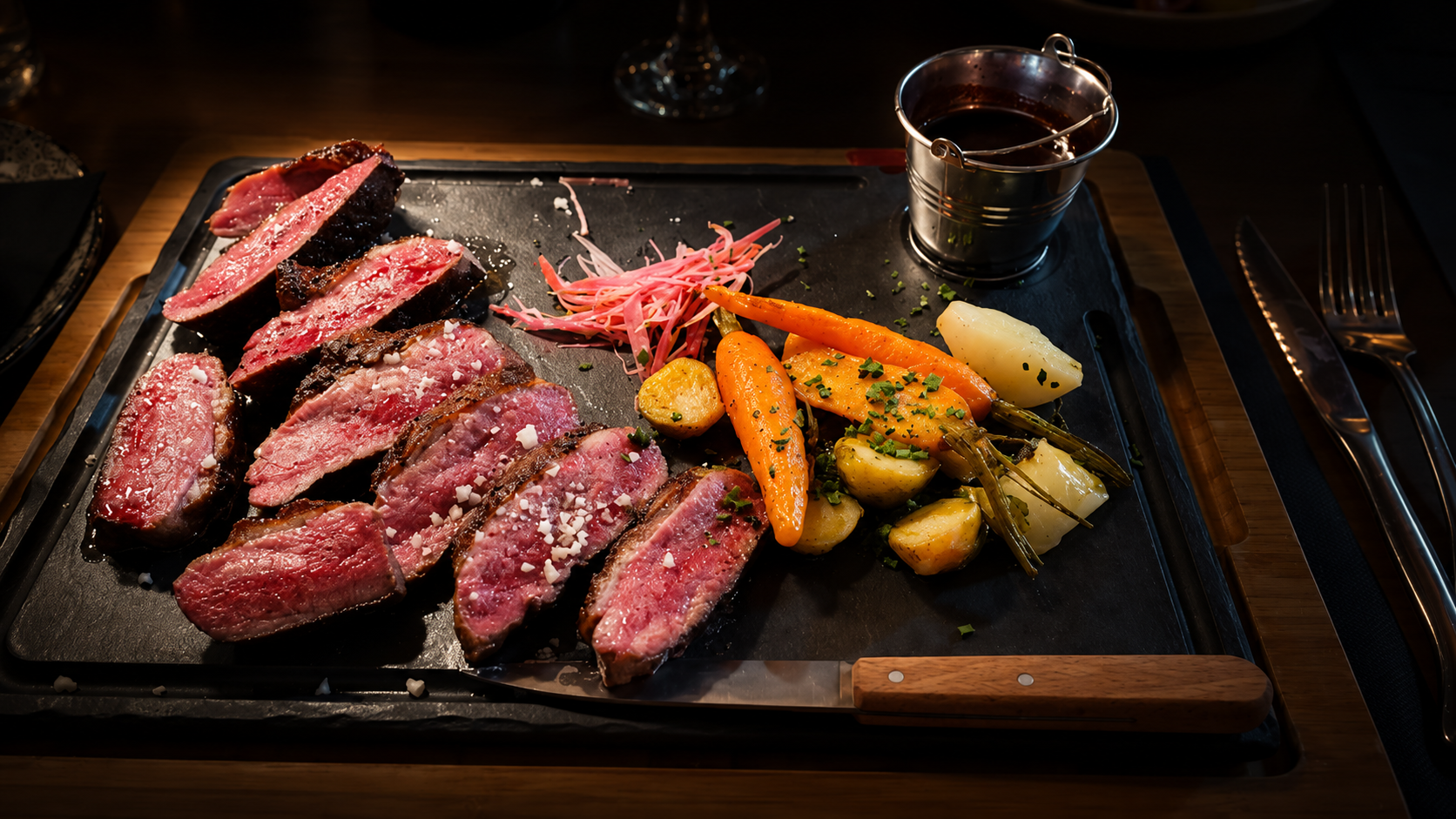 Bœuf tranché sur ardoise, fleur de sel, carottes rôties et pommes de terre grenailles